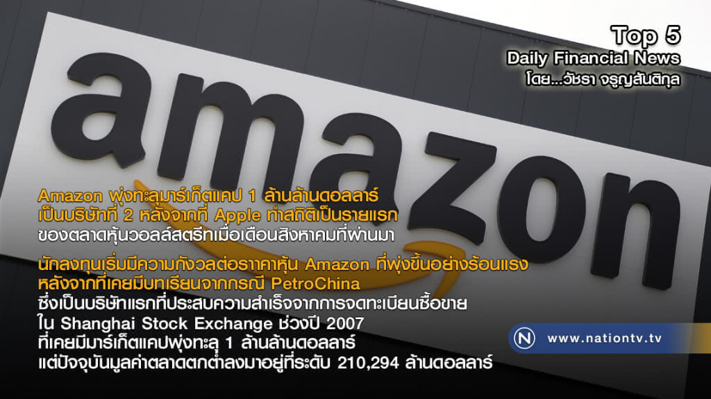 "Amazon" พุ่งทะลุมาร์เก็ตแคป 1 ล้านล้านดอลลาร์ เป็นบริษัทที่ 2 ต่อจาก Apple "Amazon" พุ่งทะลุมาร์เก็ตแคป 1 ล้านล้านดอลลาร์ เป็นบริษัทที่ 2 ต่อจาก Apple