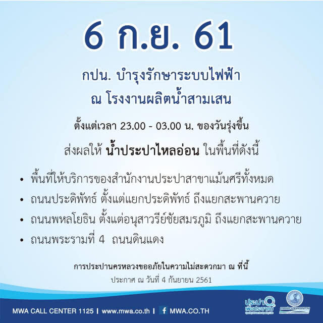 บ้านใครเช็คด่วน!!! คืนนี้(6 ก.ย.) น้ำประปาไม่ไหลหลายพื้นที่