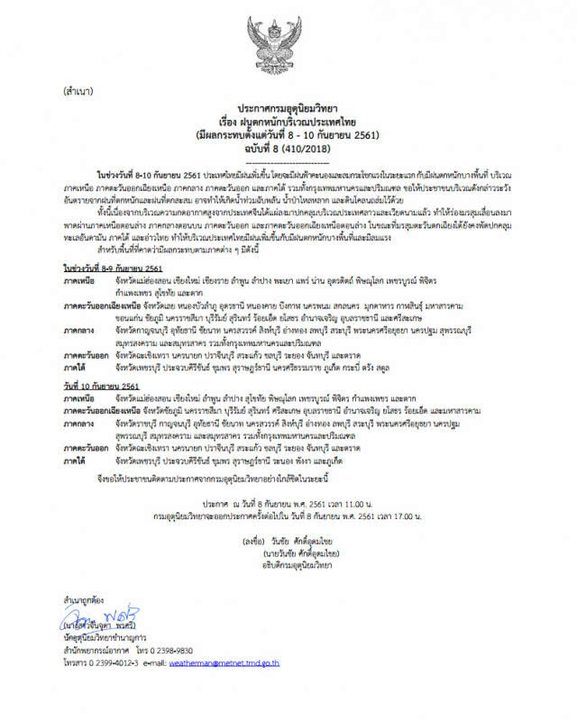 ประกาศ ฝนตกหนักบริเวณประเทศไทย ฉบับที่ 8