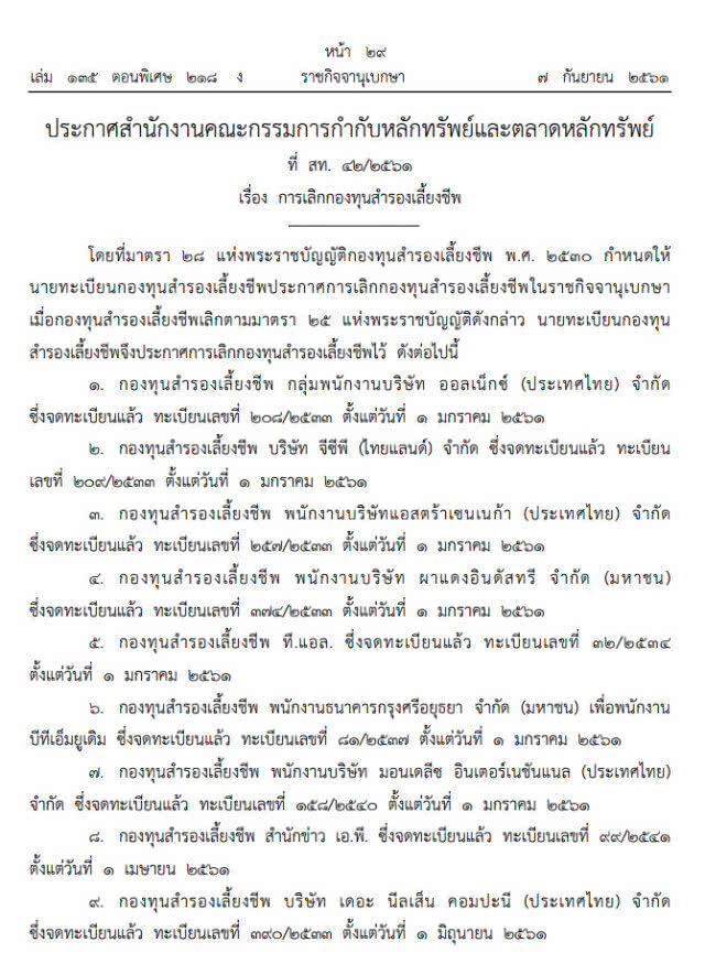 ราชกิจจาฯ ประกาศชื่อ 11 บริษัท ยกเลิก "กองทุนสำรองเลี้ยงชีพ"
