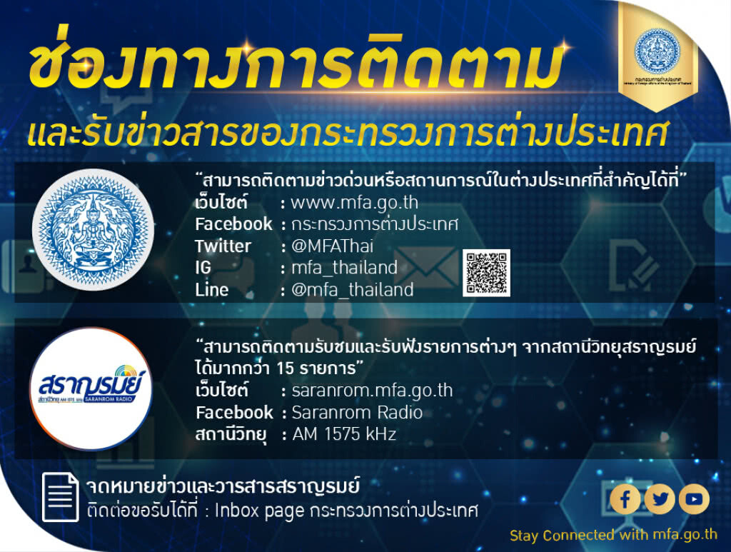 ช่องทางการติดตามและรับข่าวสารของกระทรวงการต่างประเทศ ช่องทางการติดตามและรับข่าวสารของกระทรวงการต่างประเทศ