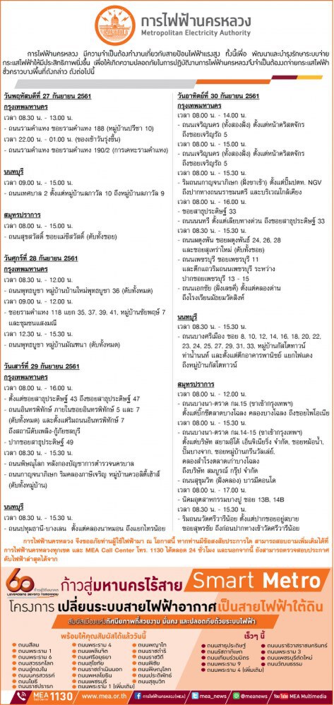 เช็คด่วน!!! ประกาศ 27-30 ก.ย. ไฟดับหลายพื้นที่