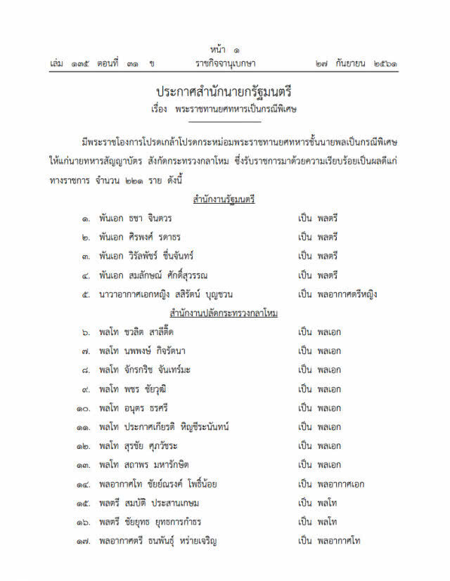 พระราชทานยศกรณีพิเศษทหาร221นายชั้น"นายพล"