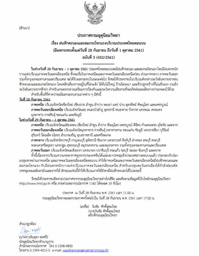 ประกาศเตือน! ฝนฟ้าคะนองและลมกระโชกแรง ฉ.5