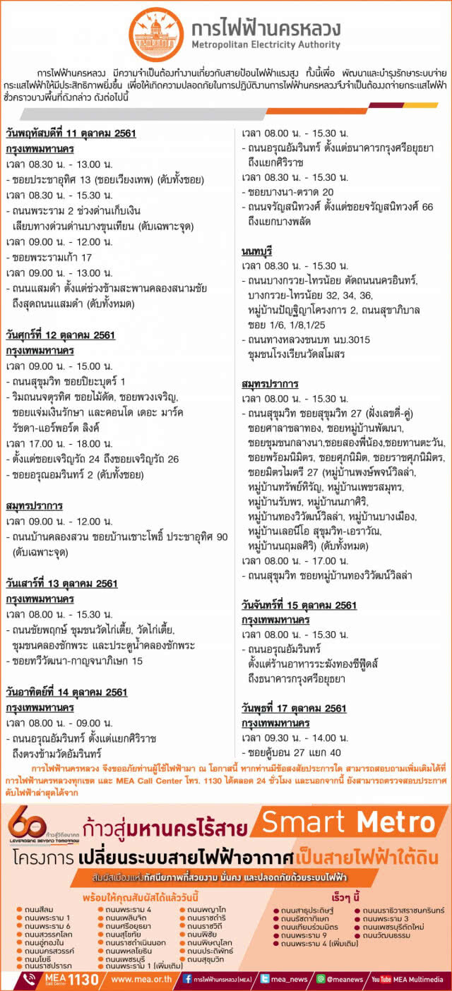 เช็คด่วน!!! 11 - 17 ต.ค. ไฟดับหลายพื้นที่