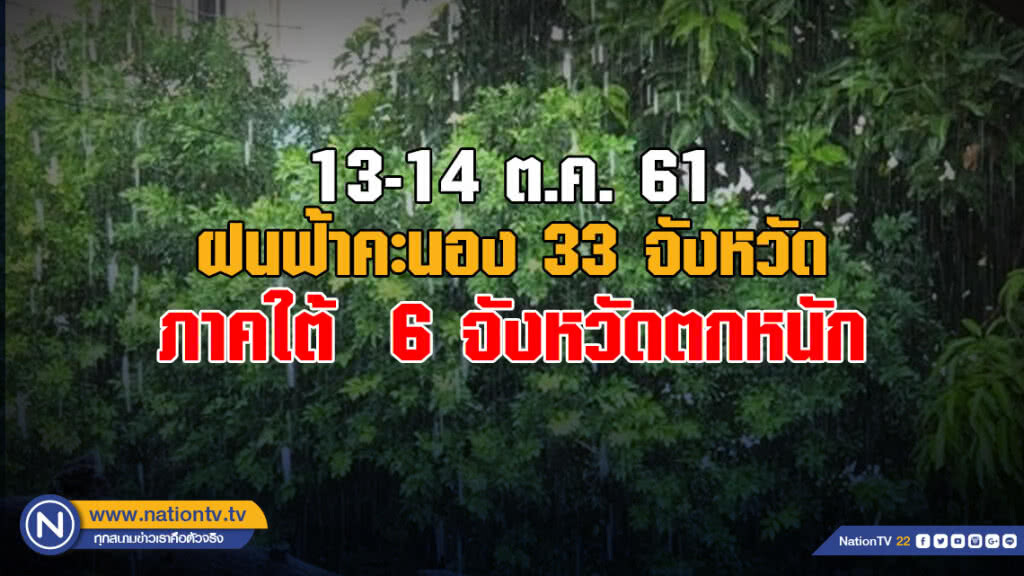 อุตุฯเผย ฝนฟ้าคะนอง 33 จังหวัด / ภาคใต้  6 จังหวัดตกหนัก