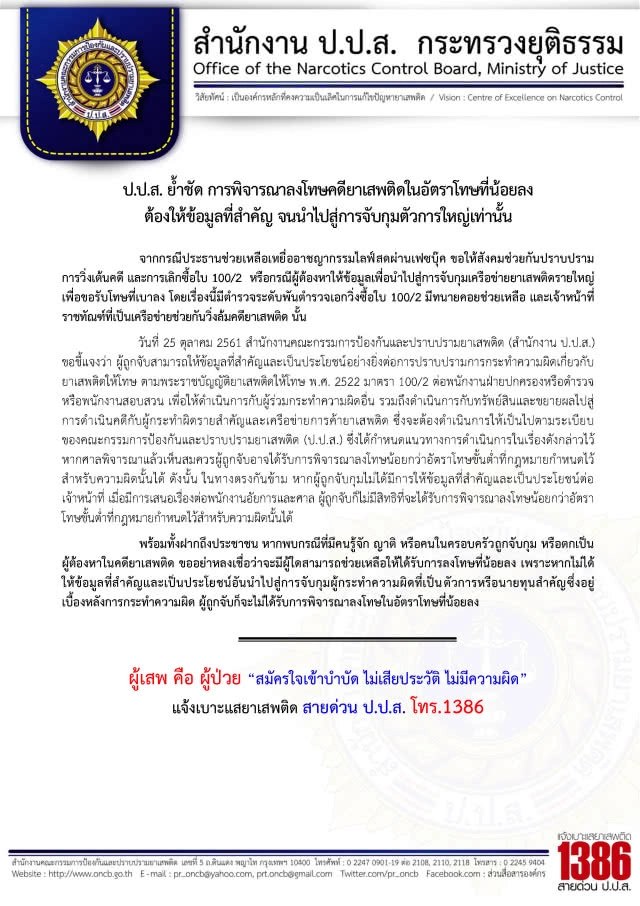 ป.ป.ส.เตือนประชาชนเลิกซื้อใบ 100/2