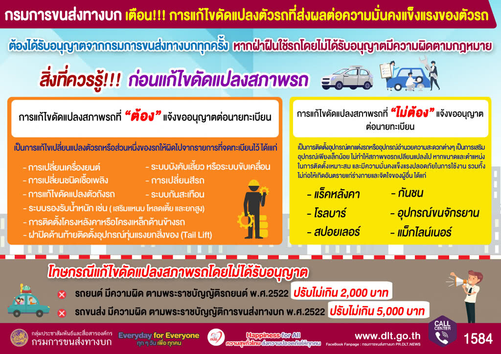 ขนส่งฯ เตือนแก้ไขดัดแปลงตัวรถต้องได้รับอนุญาต