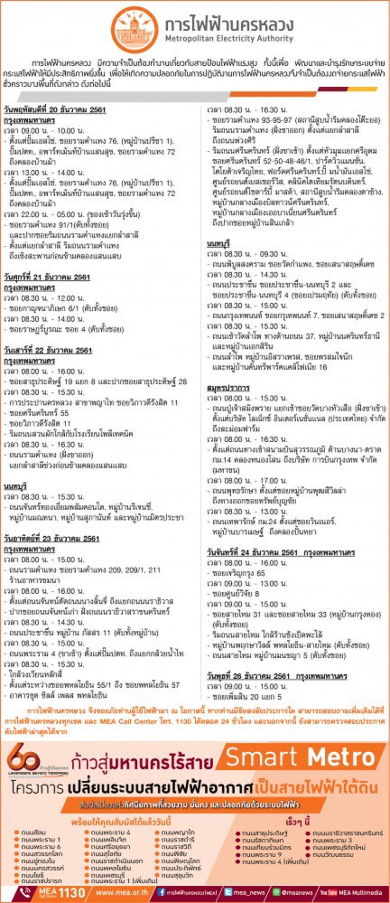 กฟน. ดับไฟทำงาน 20 - 26 ธ.ค.
