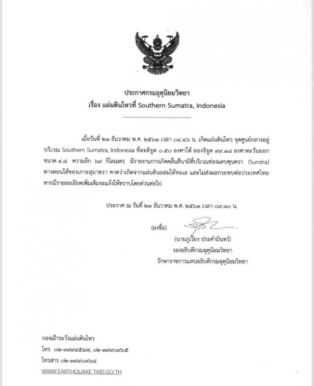 กรมอุตุฯออกประกาศ สึนามิที่ประเทศอินโดนิเซีย ไม่ส่งผลกระทบต่อประเทศไทย