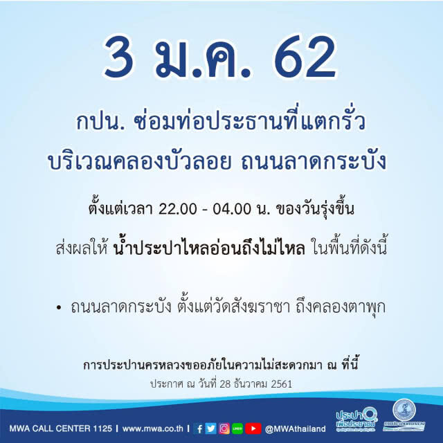 เช็คด่วน!!! 3 -  5 ม.ค. น้ำไม่ไหลบางพื้นที่