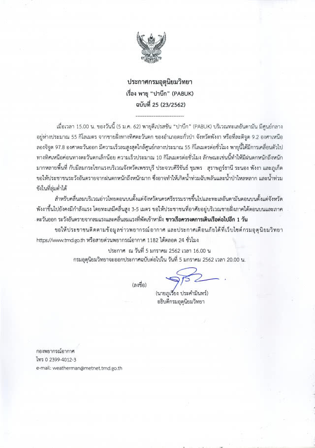 ประกาศกรมอุตุนิยมวิทยา "พายุปาบึก" ฉบับที่ 25