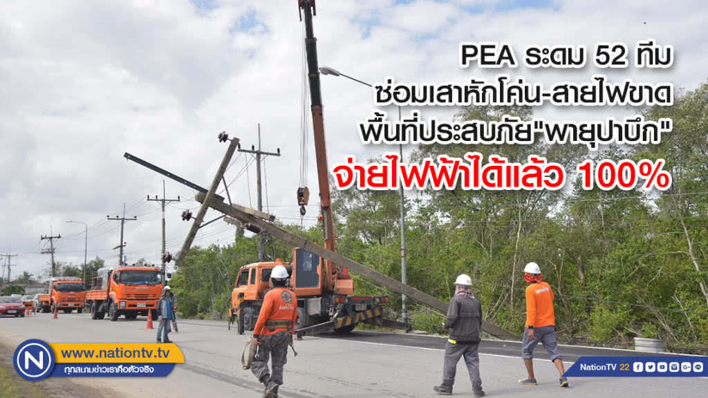 PEA ระดม 52 ทีมซ่อมเสาหักโค่น-สายไฟขาดจ่ายไฟฟ้าได้ 100% พื้นที่ 4 จังหวัดประสบภัย"พายุปาบึก"