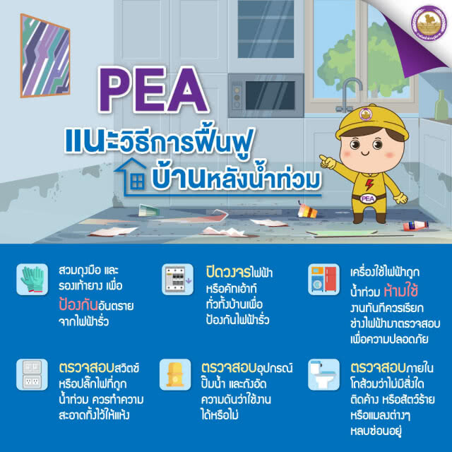 PEA แนะนำประชาชนเตรียมตัวเข้าบ้านหลังน้ำลด