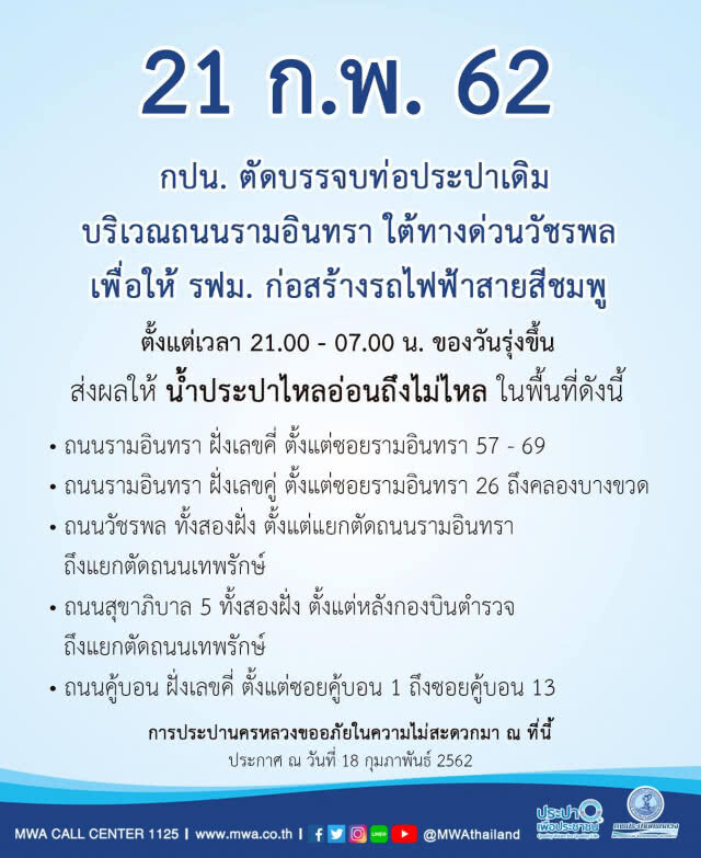 ประกาศ!! วันนี้(21 ก.พ.) น้ำประปาไม่ไหล หลายพื้นที่