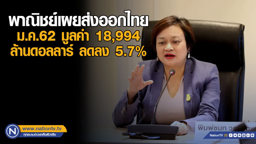 พาณิชย์เผยส่งออกไทย ม.ค.62 มูลค่า 18,994 ล้านดอลลาร์ ลดลง 5.7%