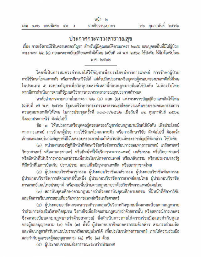 ราชกิจจาฯ ออกประกาศ "นิรโทษครอบครองกัญชา"