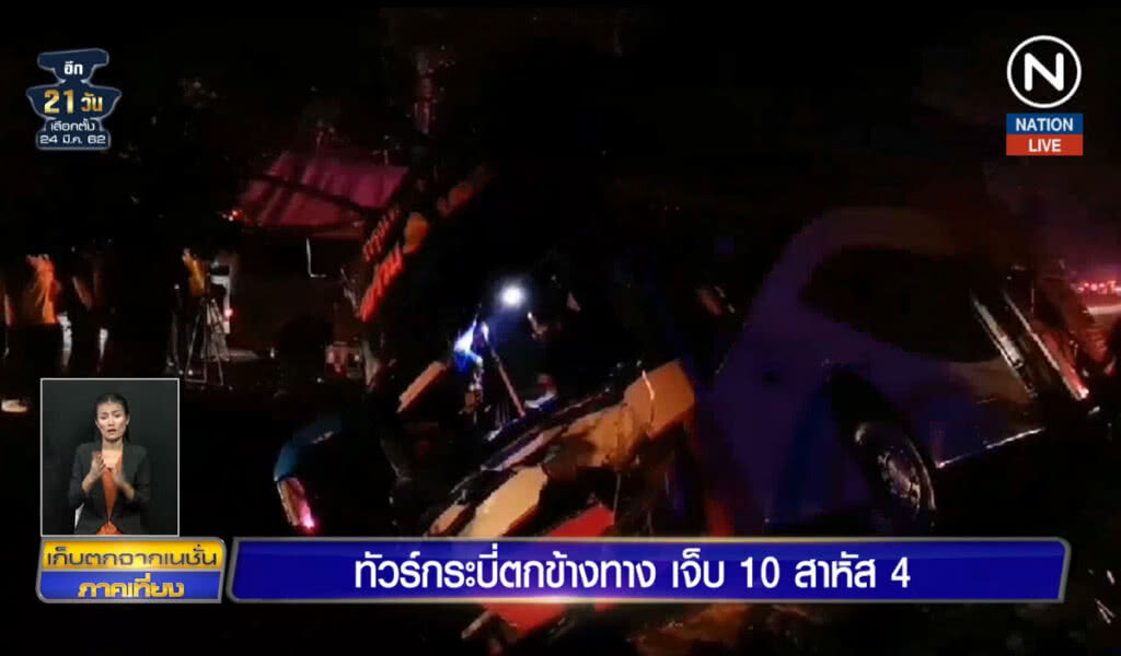 (คลิปข่าว) รถทัวร์กระบี่ ตกข้างทางเจ้บ 10 สาหัส 4 พระข้อมือขาด