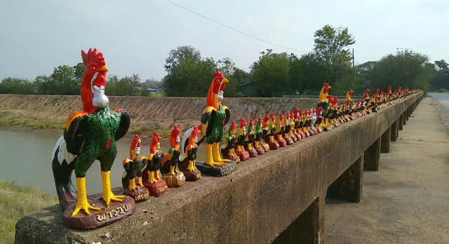 แปลกสะดุดตา "ไก่พระนเรศวร" ตั้งเต็มราวสะพานสองฝั่ง