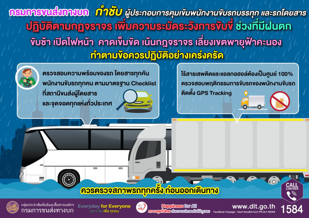 ขนส่งฯ คุมเข้มความปลอดภัย เตือนผู้ขับขี่ช่วงฝนตก