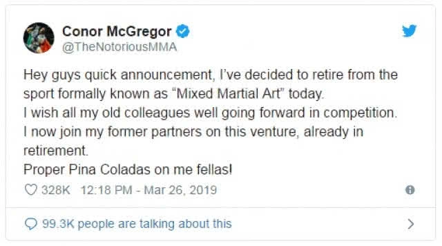 "แม็คเกรเกอร์" ช็อกแฟนต่อสู้ ประกาศหันหลังให้วงการ MMA