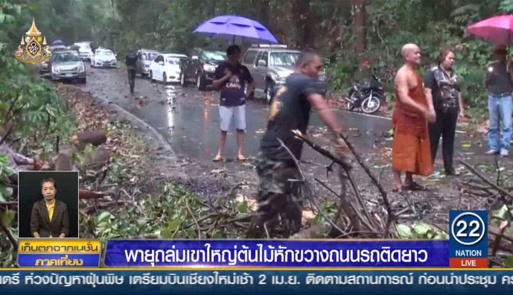 พายุถล่มเขาใหญ่ ต้นไม้ล้มขวางถนนรถติดยาว