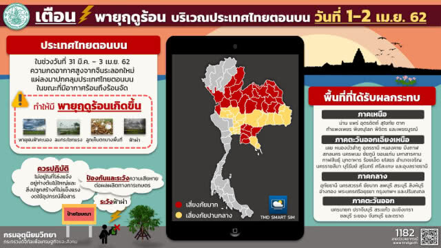 กรมอุตุฯ เตือน !!! ฉบับที่ 13 "พายุฤดูร้อนกระทบไทยตอนบน" 3 เมษายนนี้