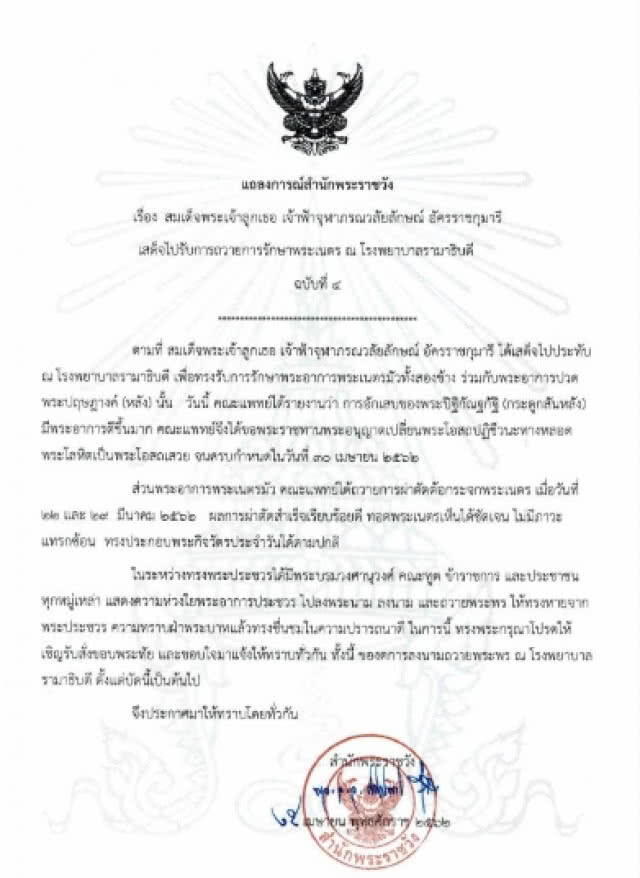 แถลงการณ์สำนักพระราชวัง : ฟ้าหญิงจุฬาภรณ์ พระอาการดีขึ้น