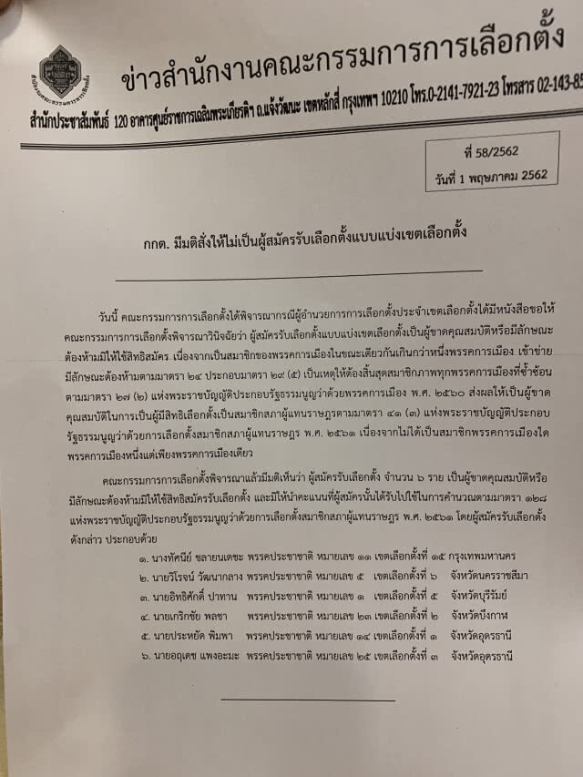 ด่วน! กกต.ตัดสิทธิ 6 ผู้สมัครพรรคประชาชาติ ห้ามนำคะแนนที่ได้ มาคำนวณ ส.ส.ปาร์ตี้ลิสต์