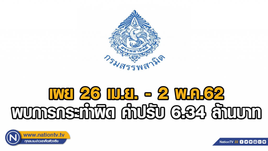 สรรพสามิต เผย 26 เม.ย. - 2 พ.ค.62 พบการกระทำผิด ค่าปรับ 6.34 ล้านบาท