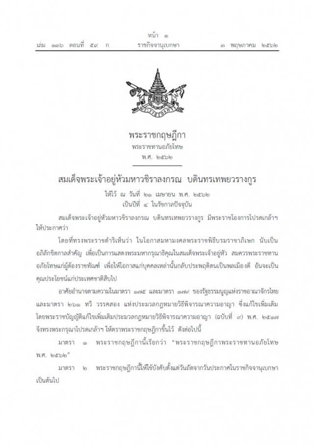 โปรดเกล้าฯ พระราชทานอภัยโทษผู้ต้องราชทัณฑ์