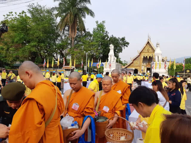 ชาวเชียงใหม่พร้อมใจใส่เสื้อสีเหลืองร่วมพิธีทำบุญตักบาตร