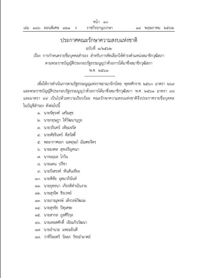 ราชกิจจาฯ เผยแพร่ประกาศ คสช. รายชื่อ ส.ว.สำรอง 50 ราย