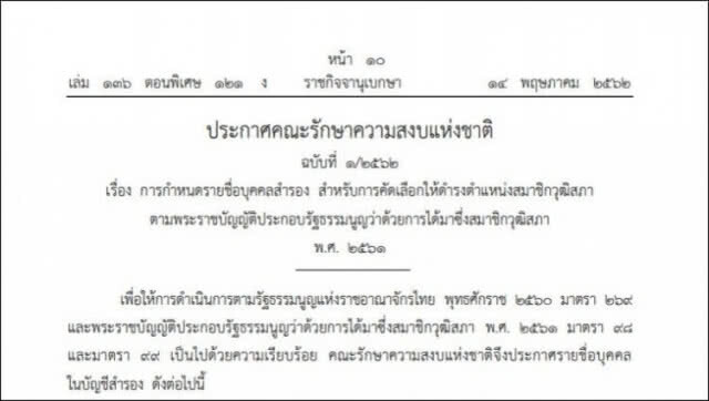 ราชกิจจาฯ เผยแพร่ประกาศ คสช. รายชื่อ ส.ว.สำรอง 50 ราย