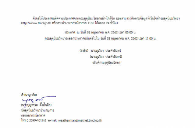 ประกาศ ฝนตกหนักบริเวณประเทศไทย ฉบับที่ 6