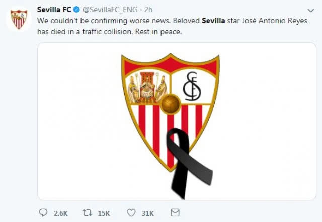 "เซบีญ่า" ออกแถลงการณ์ "เรเยส" ประสบอุบัติเหตุทางรถยนต์เสียชีวิต ที่สเปน