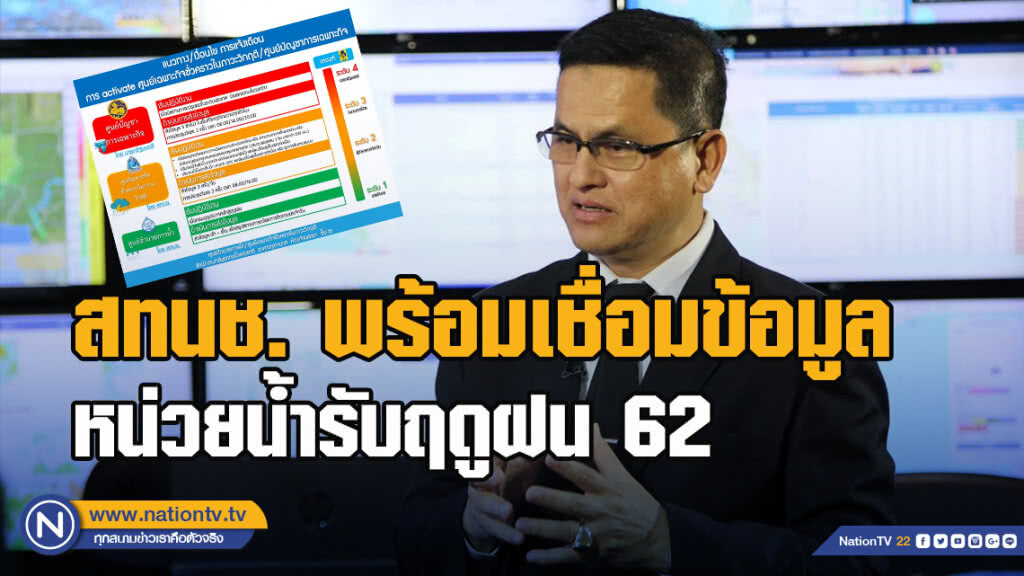 สทนช. พร้อมเชื่อมข้อมูลหน่วยน้ำรับฤดูฝน 62เตรียม 3 ศูนย์ เฝ้าระวังภัยน้ำ 4 ระดับ