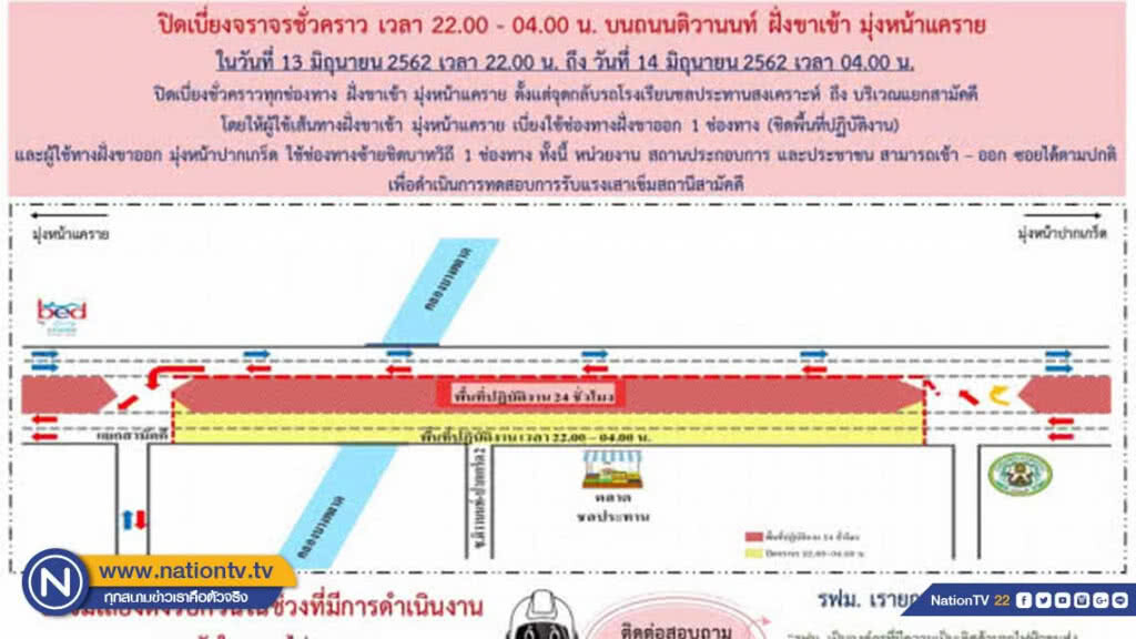 รฟม. ปิดเบี่ยงจราจรถนนติวานนท์ขาเข้าจุดกลับรถโรงเรียนชลประทานสงเคราะห์ -แยกสามัคคี