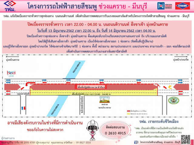 รฟม. ปิดเบี่ยงจราจรถนนติวานนท์ขาเข้าจุดกลับรถโรงเรียนชลประทานสงเคราะห์ -แยกสามัคคี
