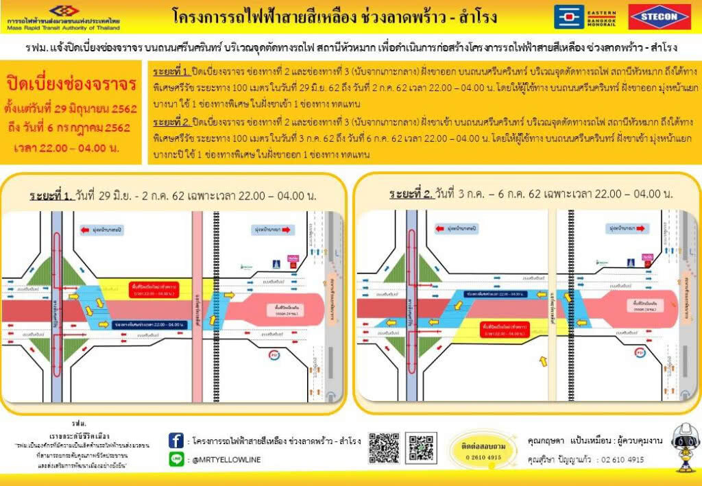 รฟม. ปิดเบี่ยงจราจรถนนศรีนครินทร์ จุดตัดทางรถไฟหัวหมาก