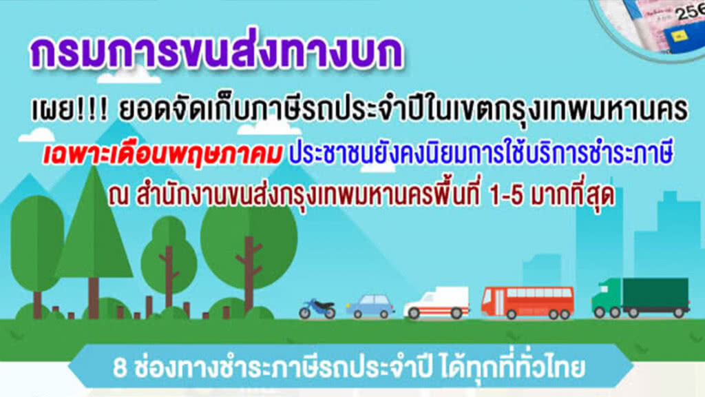 ขนส่งฯ แนะชำระภาษีรถล่วงหน้า 90 วัน-หลายช่องทางบริการ