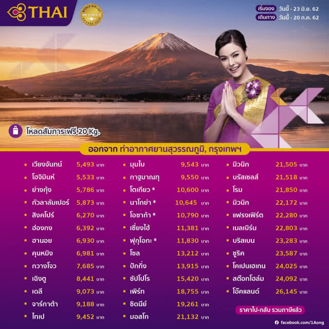 2 วันเท่านั้น!!! การบินไทยลดราคาตั๋ว 20%