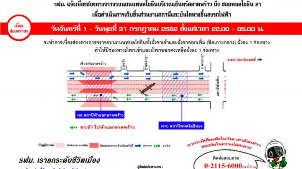 รฟม. แจ้งเบี่ยงช่องทางจราจรเซ็นทรัลลาดพร้าว-พหลโยธิน 21