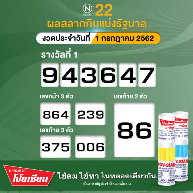 ผลสลากกินแบ่งรัฐบาล งวด 1 กรกฎาคม 2562