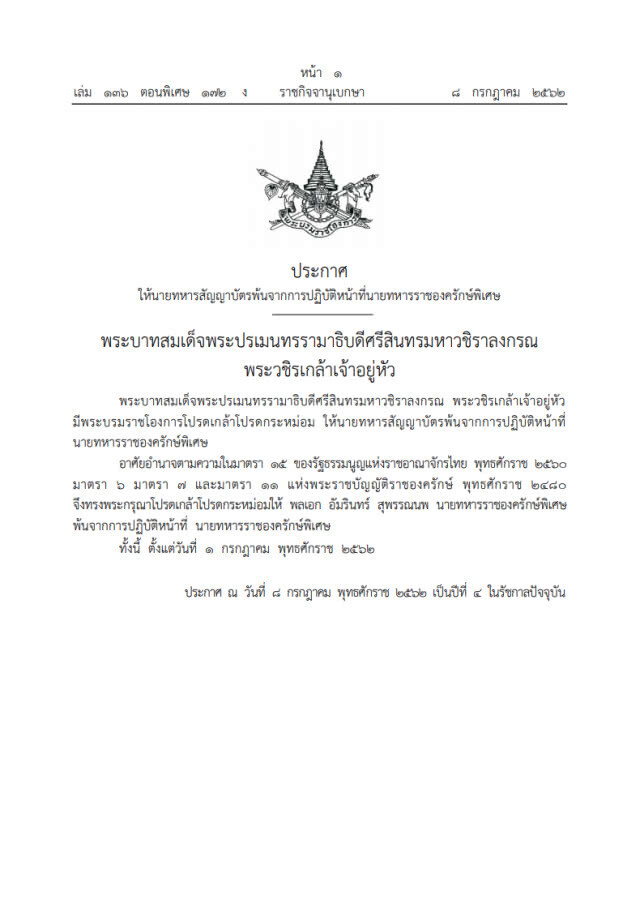 พระบรมราชโองการโปรดเกล้าฯ ให้นายทหารสัญญาบัตรพ้นจากการปฏิบัติหน้าที่นายทหารราชองครักษ์พิเศษ