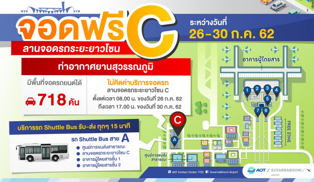จอดฟรี ลานจอดรถโซน C สุวรรณภูมิ 26 - 30 ก.ค.นี้