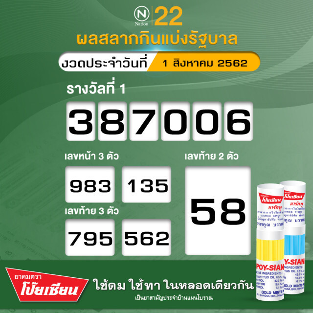 ผลสลากกินแบ่งรัฐบาล งวด 1 สิงหาคม 2562