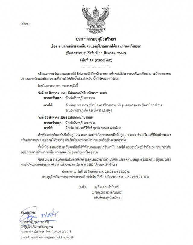 ประกาศกรมอุตุนิยมวิทยา ฝนตกหนักและคลื่นลมแรง ฉบับที่ 14