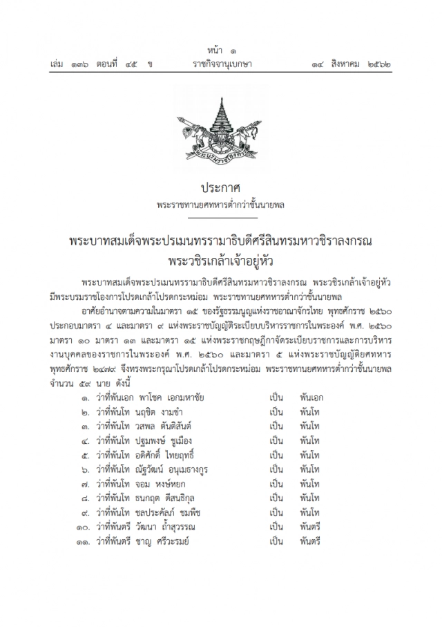 ราชกิจจาฯ ประกาศ พระบรมราชโองการโปรดเกล้าฯ พระราชทานยศทหารต่ำกว่าชั้นนายพล