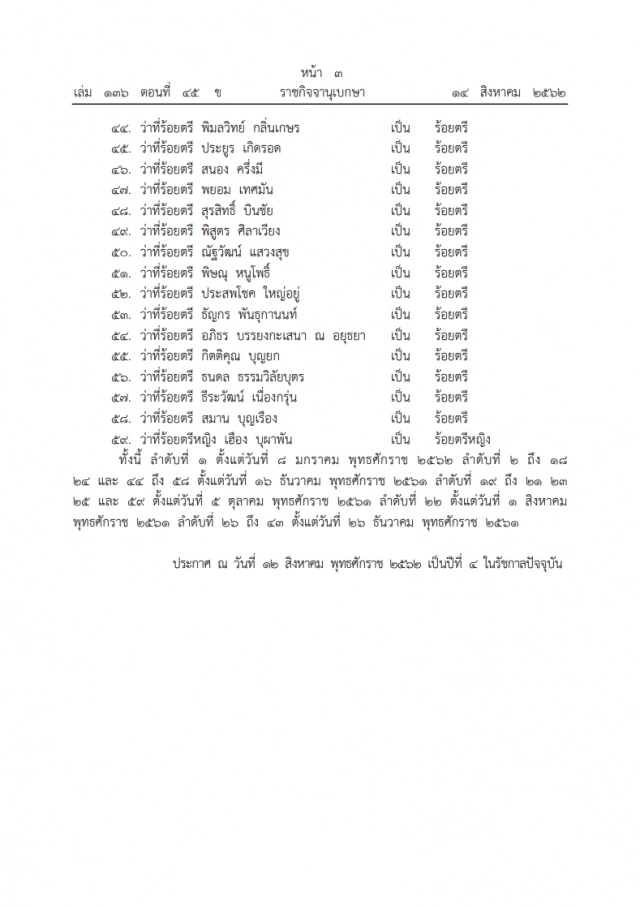 ราชกิจจาฯ ประกาศ พระบรมราชโองการโปรดเกล้าฯ พระราชทานยศทหารต่ำกว่าชั้นนายพล